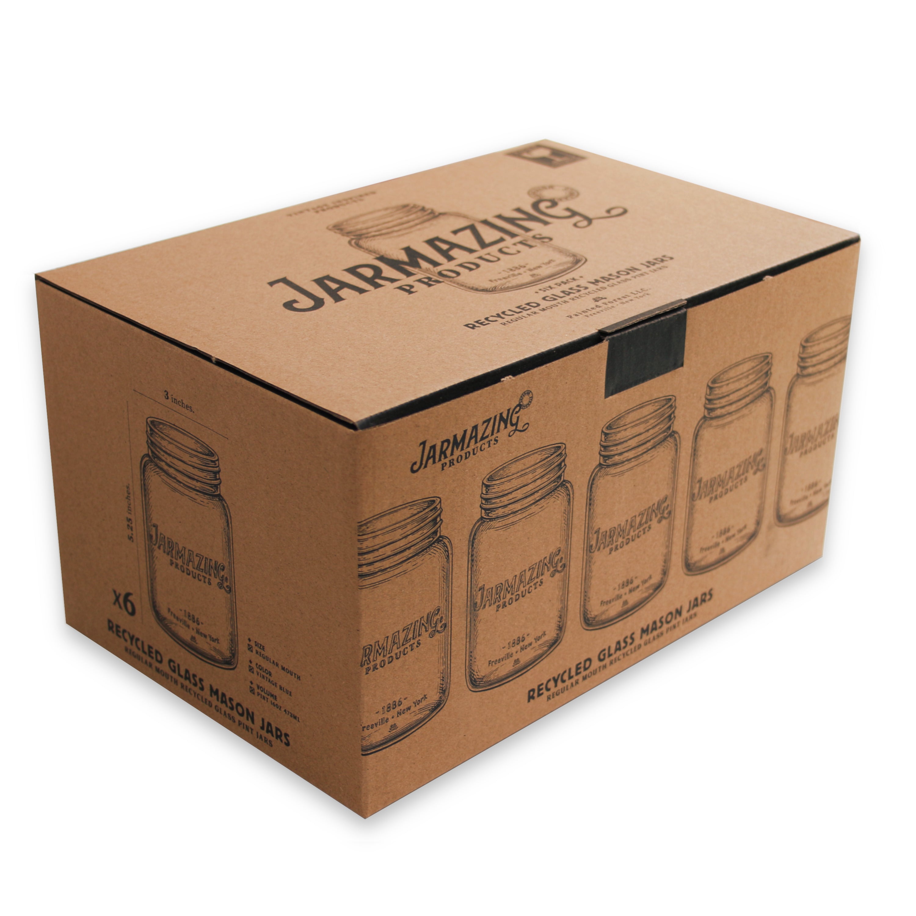 Vintage Blue Recycled Glass Mason Jars - 16 oz - Regular Mouth - Six-Pack