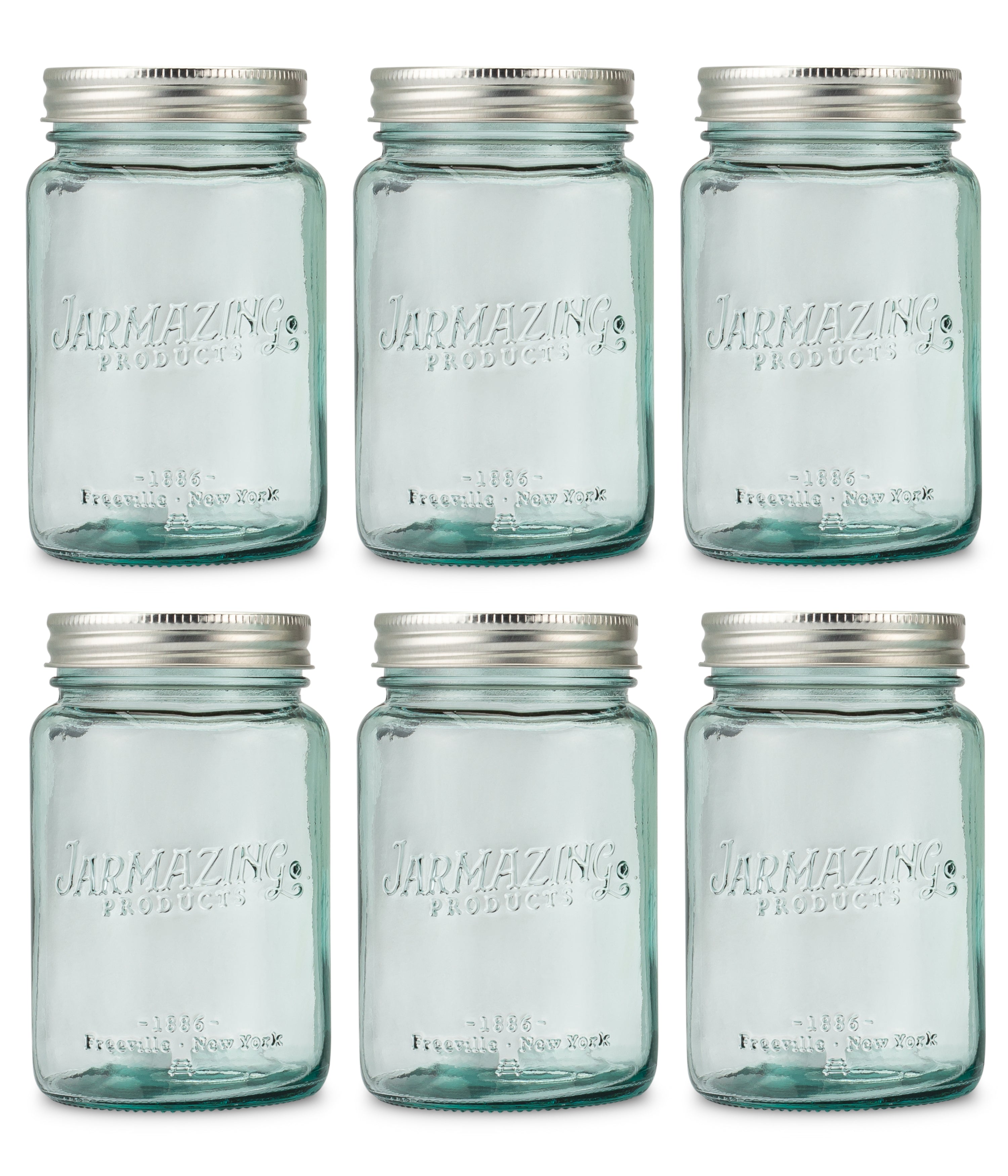 Vintage Blue Recycled Glass Mason Jars - 16 oz - Regular Mouth - Six-Pack