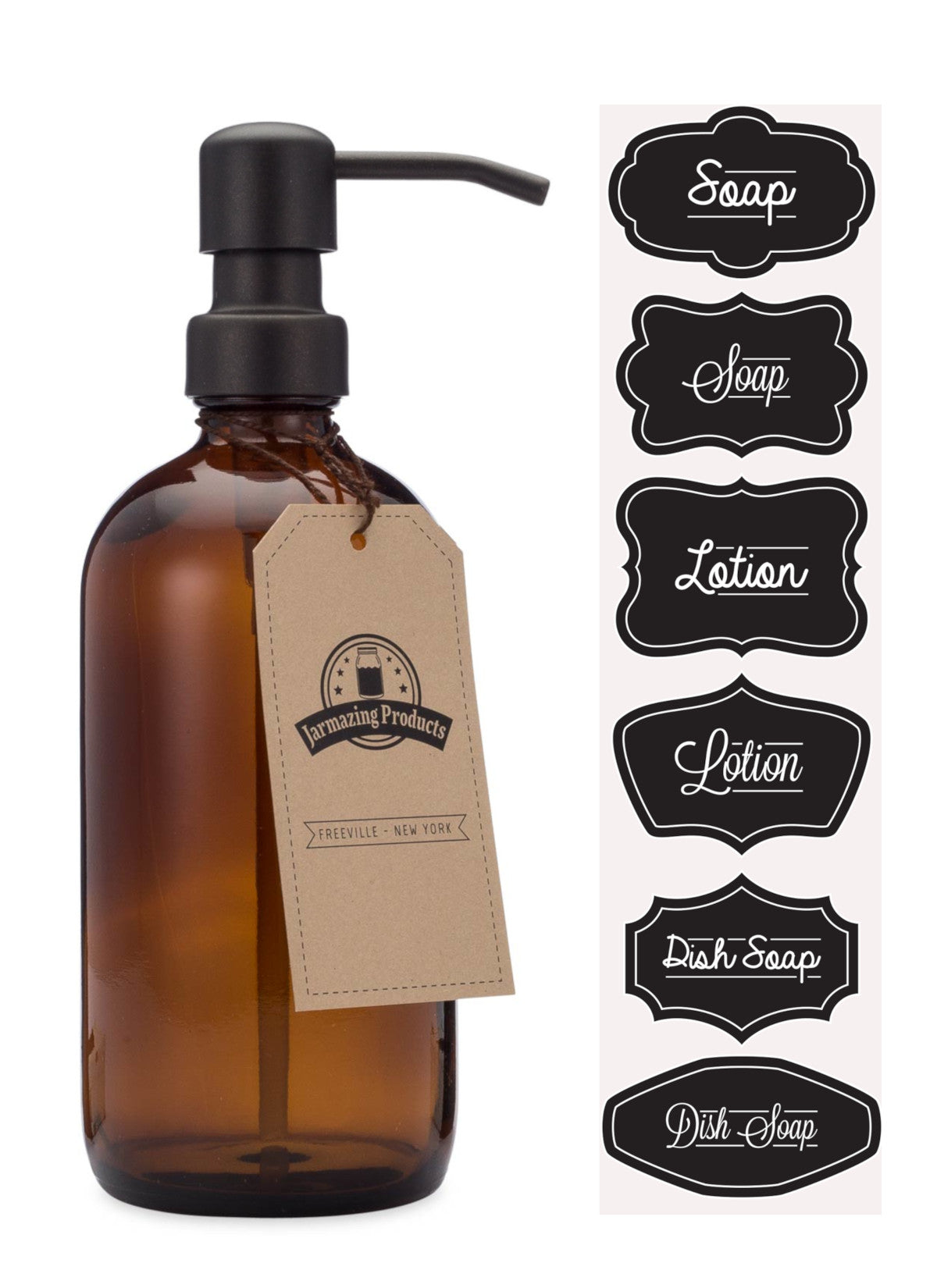 #Color_Black #Size_One Pack Amber boston round bottle with black dispenser pump and sticker sheet with stickers labeled Soap, lotion and dish soap
