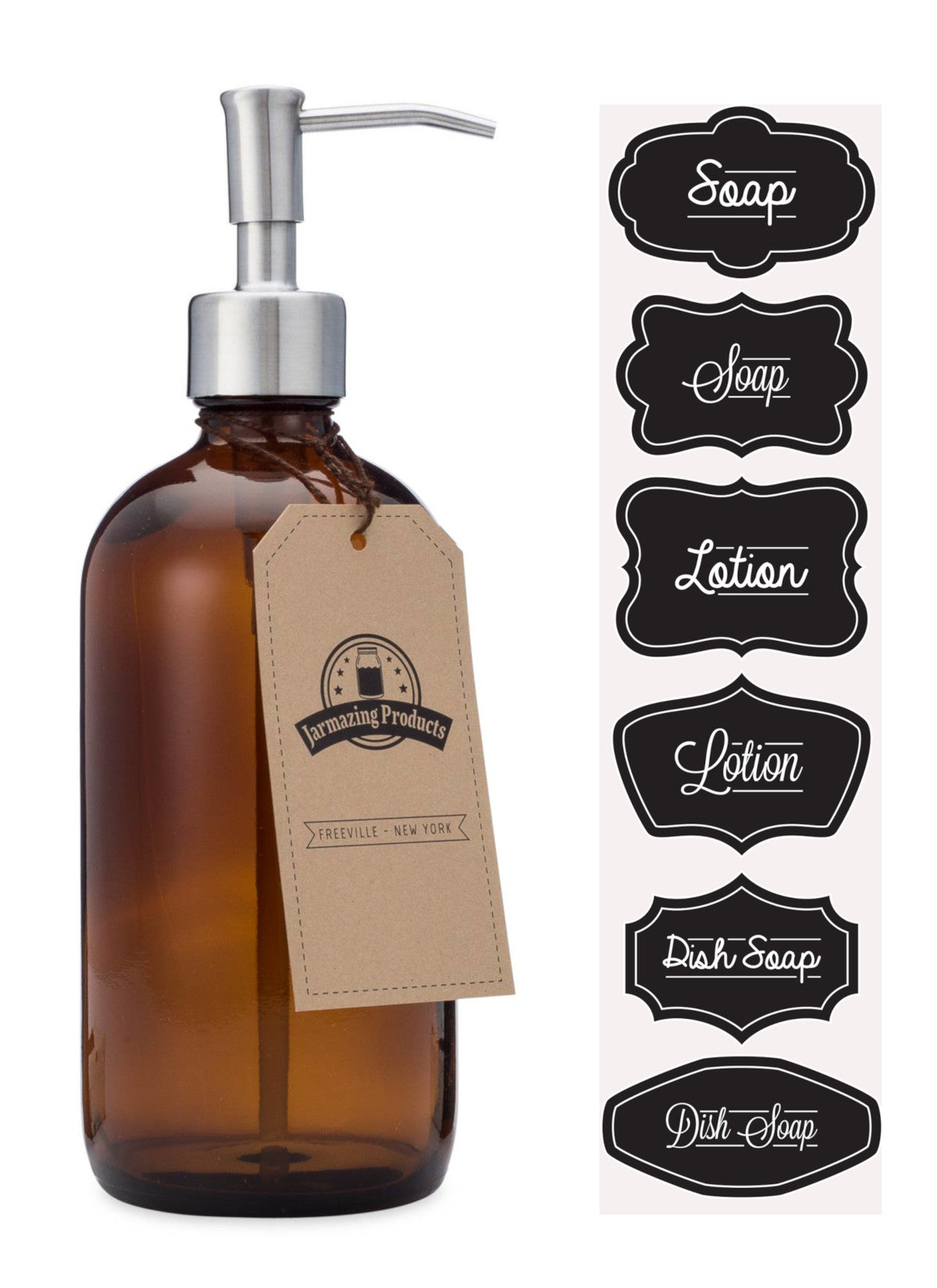 #Color_Stainless Steel Size_One Pack Amber boston round bottle with stainless steel dispenser pump and sticker sheet with stickers labeled Soap, lotion and dish soap