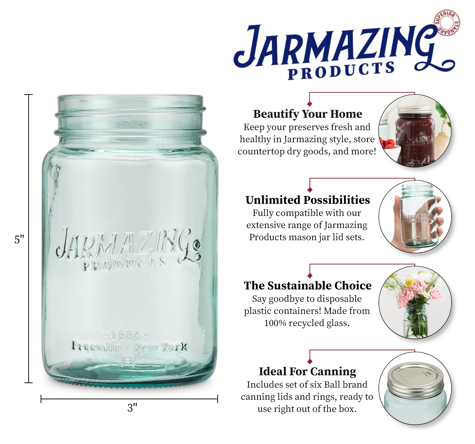 Vintage Blue Recycled Glass Mason Jars - 16 oz - Regular Mouth - Six-Pack