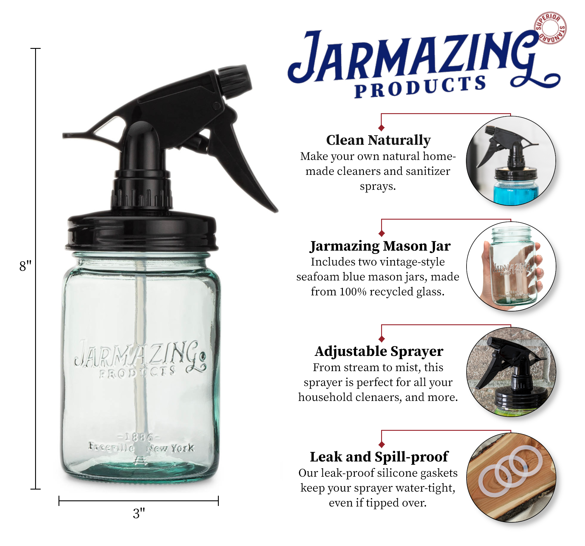 Vintage Blue Recycled Glass Mason Jar Sprayer - Two-Pack