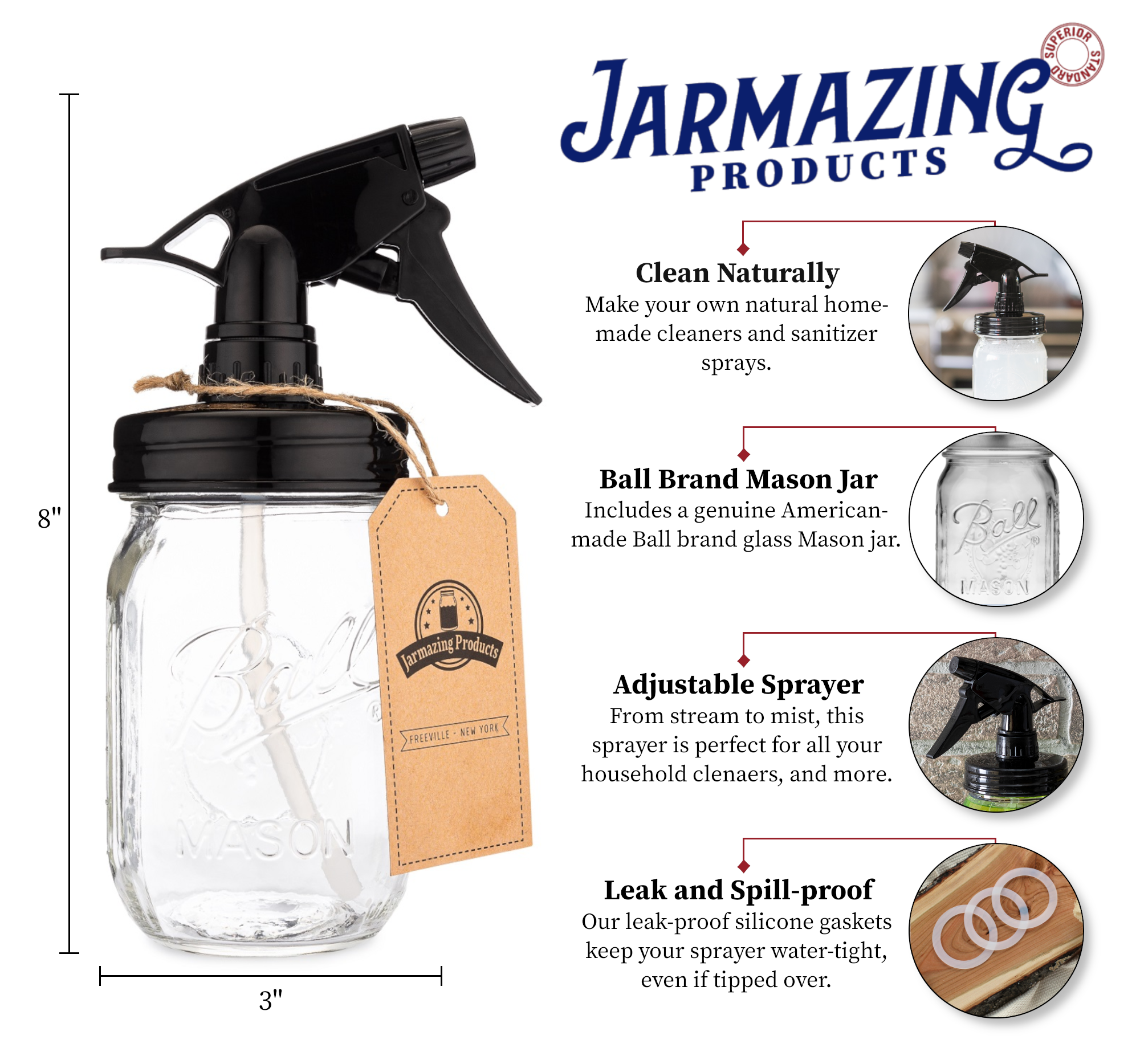 Mason Jar Sprayer – Black – With 16 oz Ball Mason Jar – Two-Pack