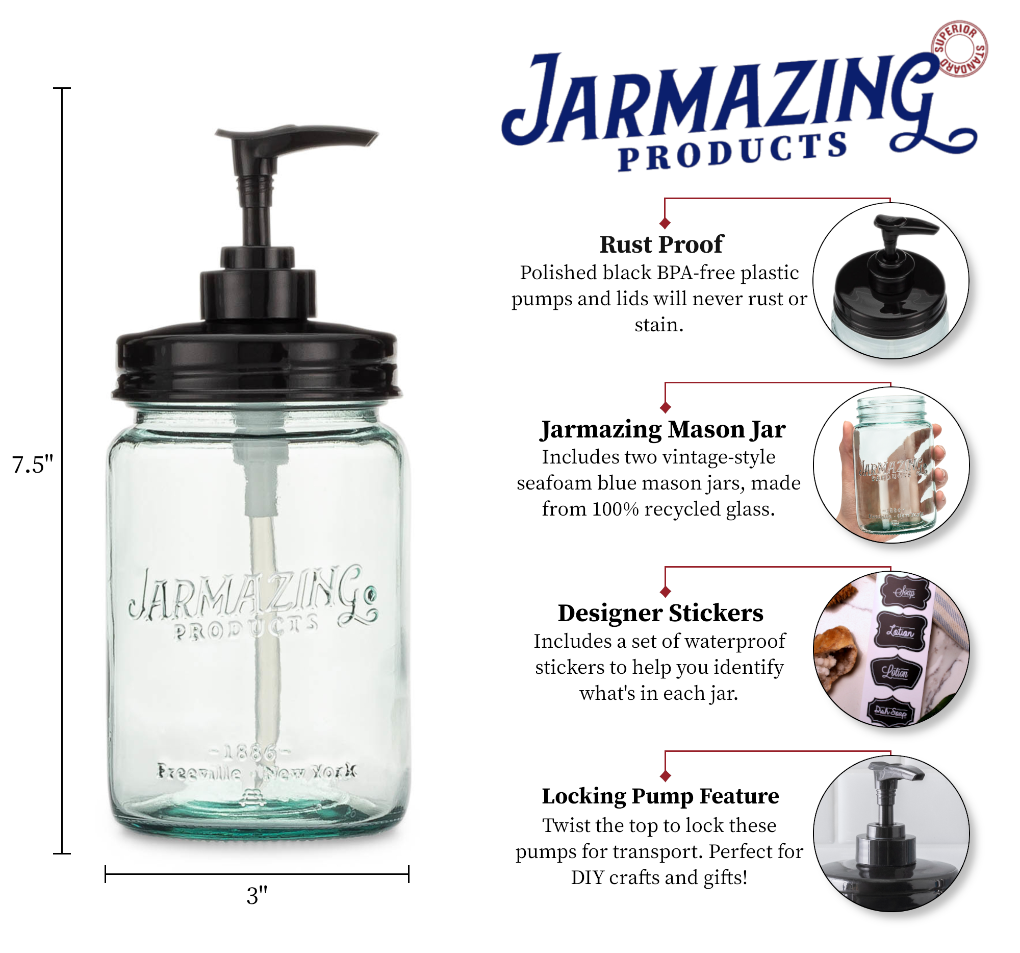 Vintage Blue Recycled Glass Mason Jar with Plastic Soap and Lotion Dispenser Top - Two-Pack