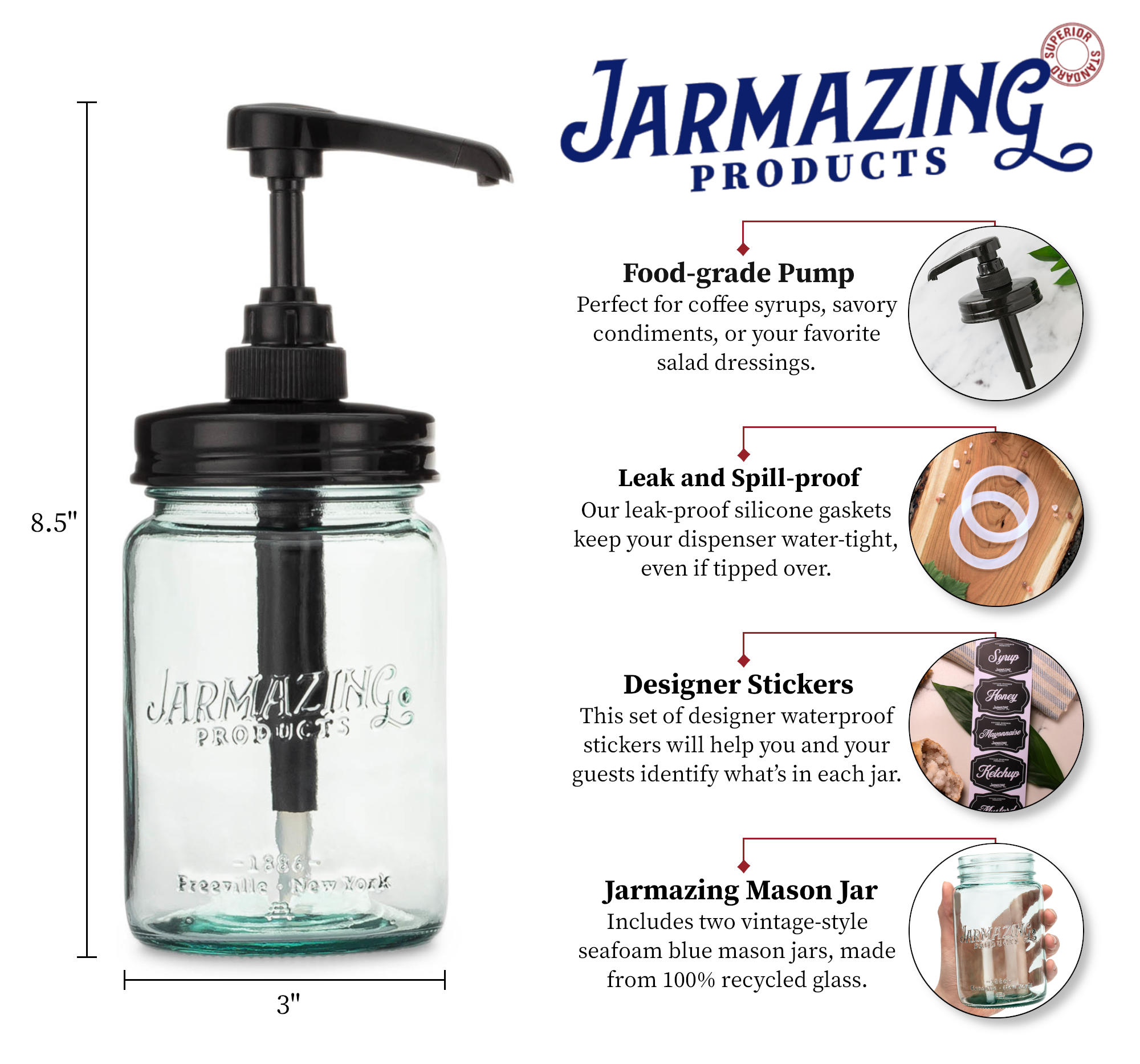 Vintage Blue Recycled Glass Mason Jar Syrup and Condiment Dispenser – Two-Pack