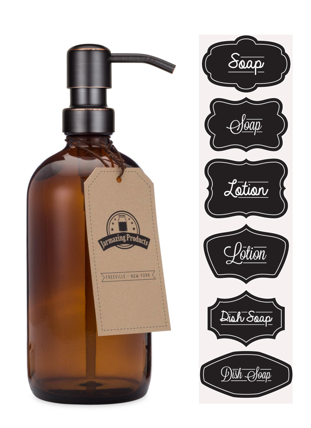 #Color_Oil-rubbed Bronze Size_One Pack Amber boston round bottle with oil-rubbed bronze dispenser pump and sticker sheet with stickers labeled Soap, lotion and dish soap