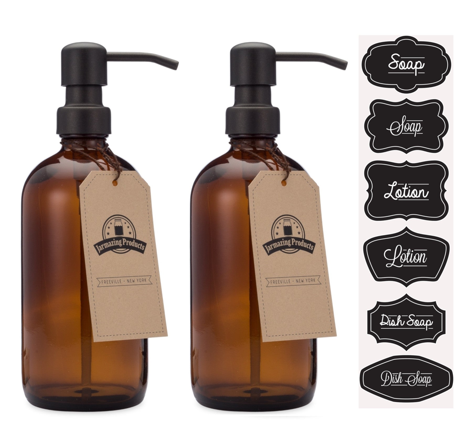 #Color_Black #Size_Two Pack Two amber boston round bottles with black dispenser pumps and sticker sheet with stickers labeled Soap, lotion and dish soap