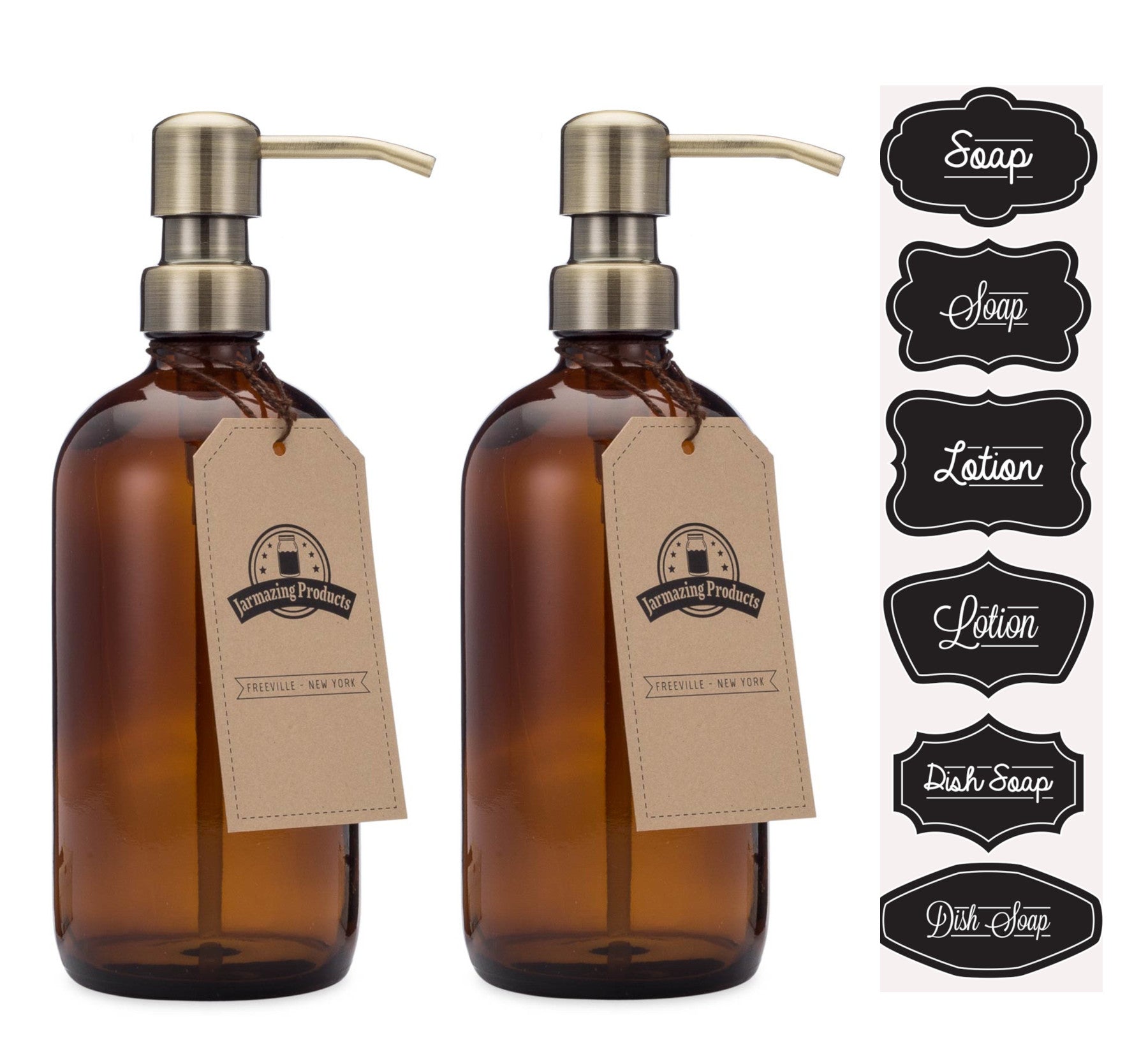 #Color_Brass #Size_Two Pack Two amber boston round bottles with brass color dispenser pumps and sticker sheet with stickers labeled Soap, lotion and dish soap