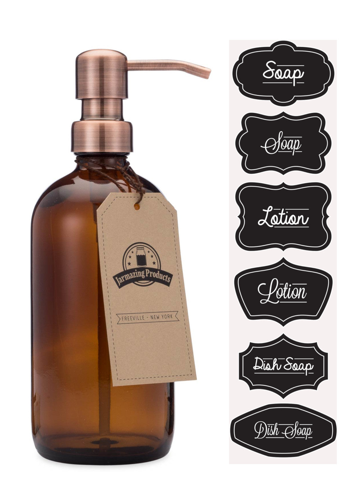 #Color_Copper Size_One Pack Amber boston round bottle with copper dispenser pump and sticker sheet with stickers labeled Soap, lotion and dish soap