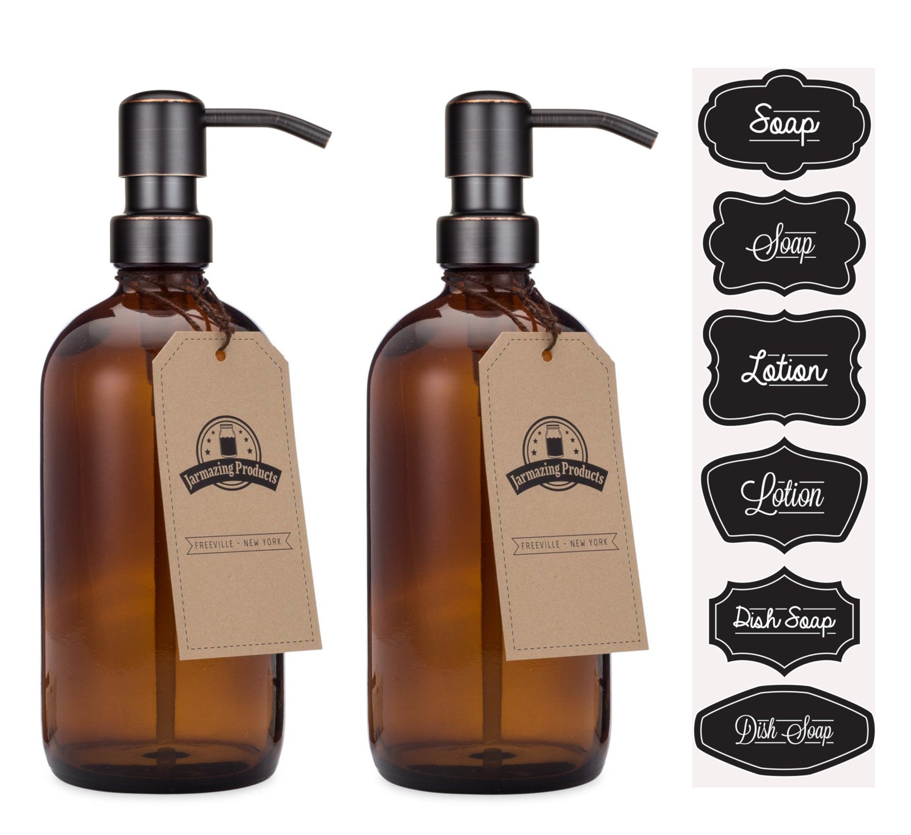 #Color_Oil-rubbed Bronze #Size_Two Pack Two amber boston round bottles with oil-rubbed bronze color dispenser pumps and sticker sheet with stickers labeled Soap, lotion and dish soap