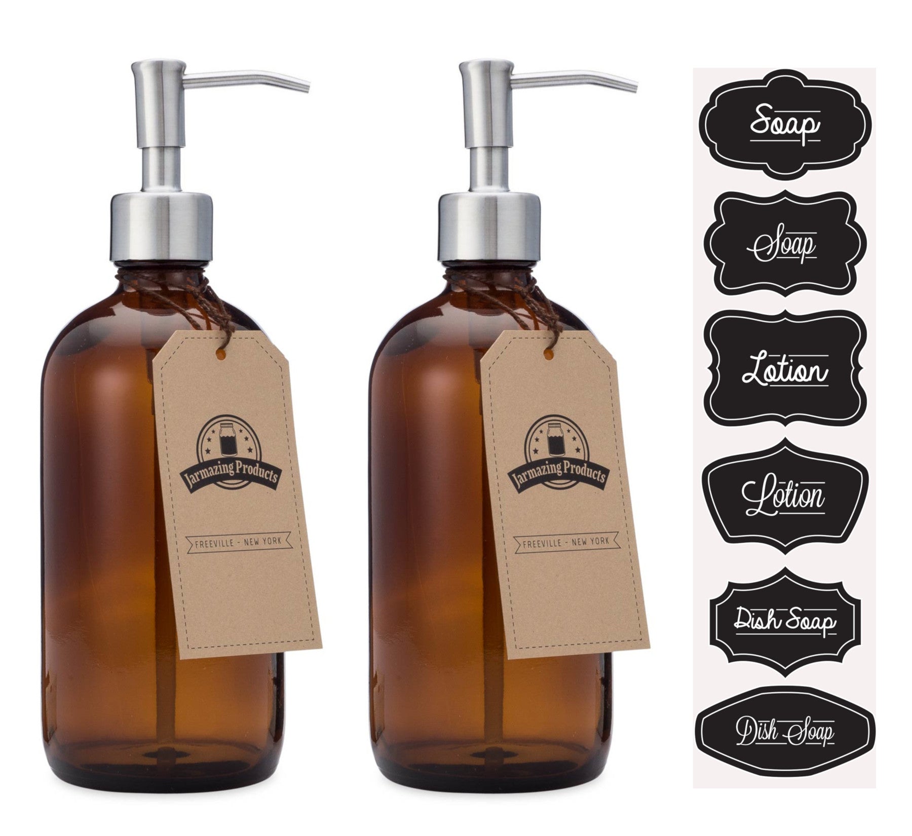 #Color_Stainless Steel #Size_Two Pack Two amber boston round bottles with stainless steel dispenser pumps and sticker sheet with stickers labeled Soap, lotion and dish soap