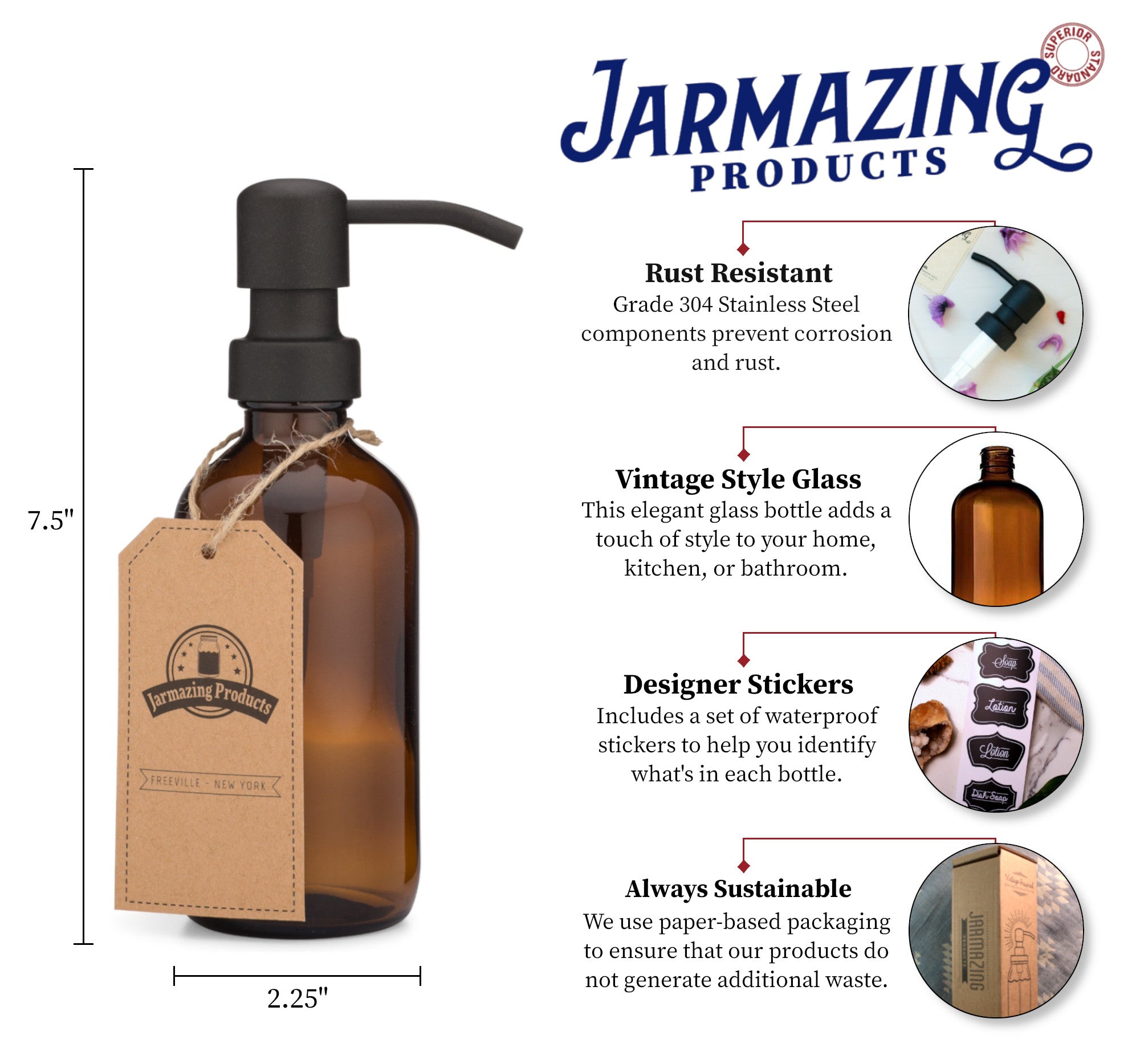 Amber Glass Jar Soap and Lotion Dispenser - 8 oz