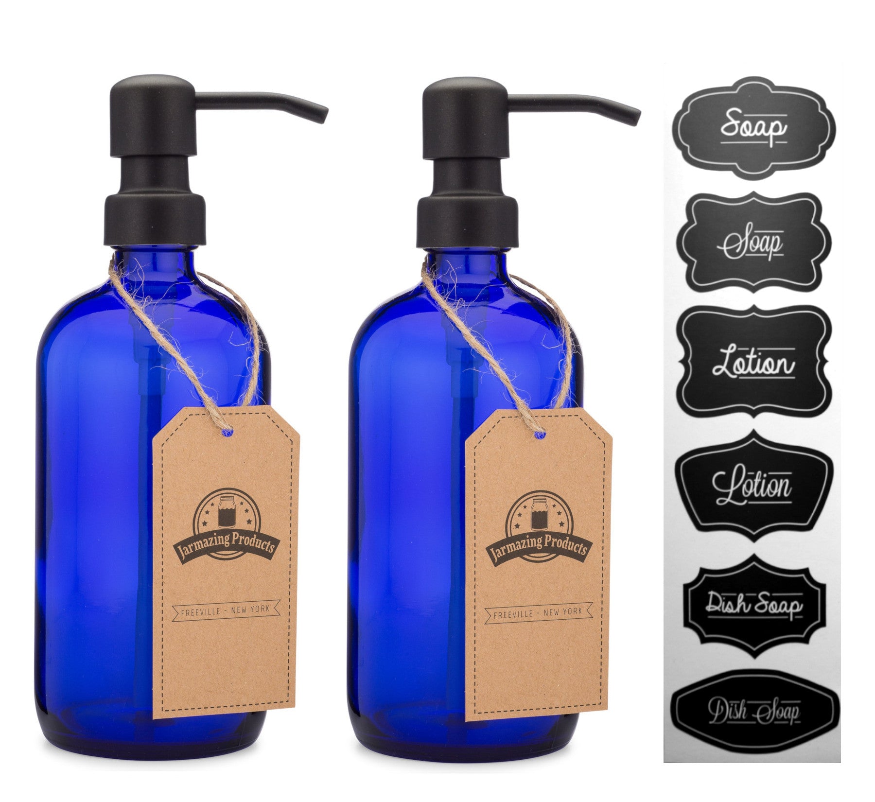 #Color_Black #Size_Two Pack Two Cobalt blue boston round bottles with black dispenser pumps and sticker sheet with stickers labeled Soap, lotion and dish soap