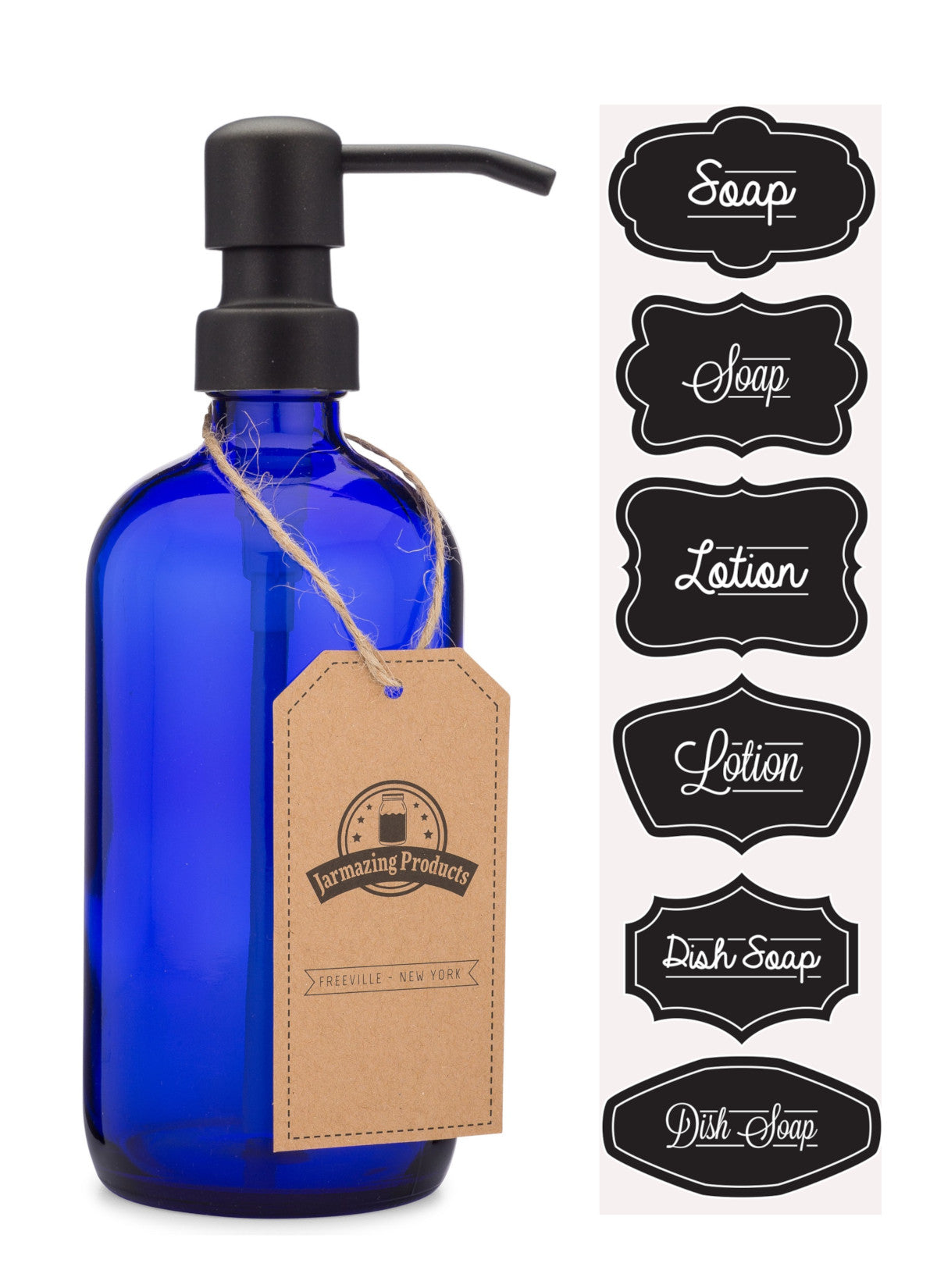 #Color_Black #Size_One Pack Cobalt blue boston round bottle with black dispenser pump and sticker sheet with stickers labeled Soap, lotion and dish soap