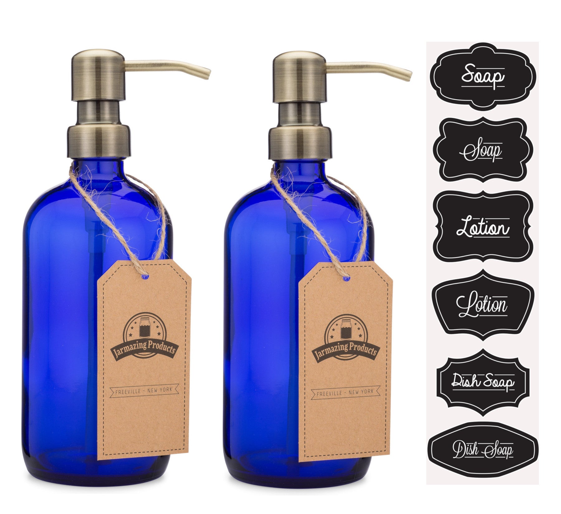 #Color_Brass #Size_Two Pack Two Cobalt blue boston round bottles with brass dispenser pumps and sticker sheet with stickers labeled Soap, lotion and dish soap