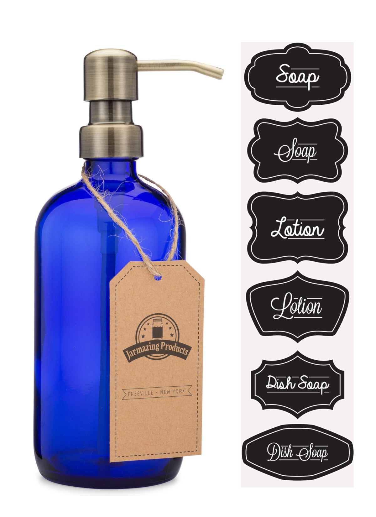 #Color_Brass #Size_One Pack Cobalt blue boston round bottle with brass dispenser pump and sticker sheet with stickers labeled Soap, lotion and dish soap