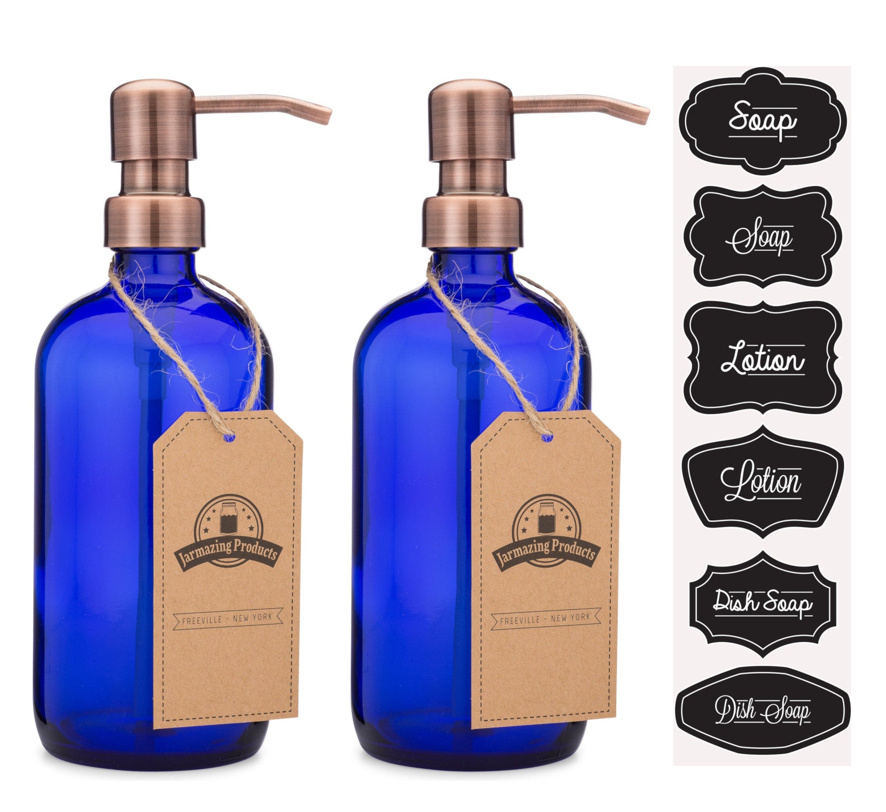#Color_Copper #Size_Two Pack Two Cobalt blue boston round bottles with copper color dispenser pumps and sticker sheet with stickers labeled Soap, lotion and dish soap
