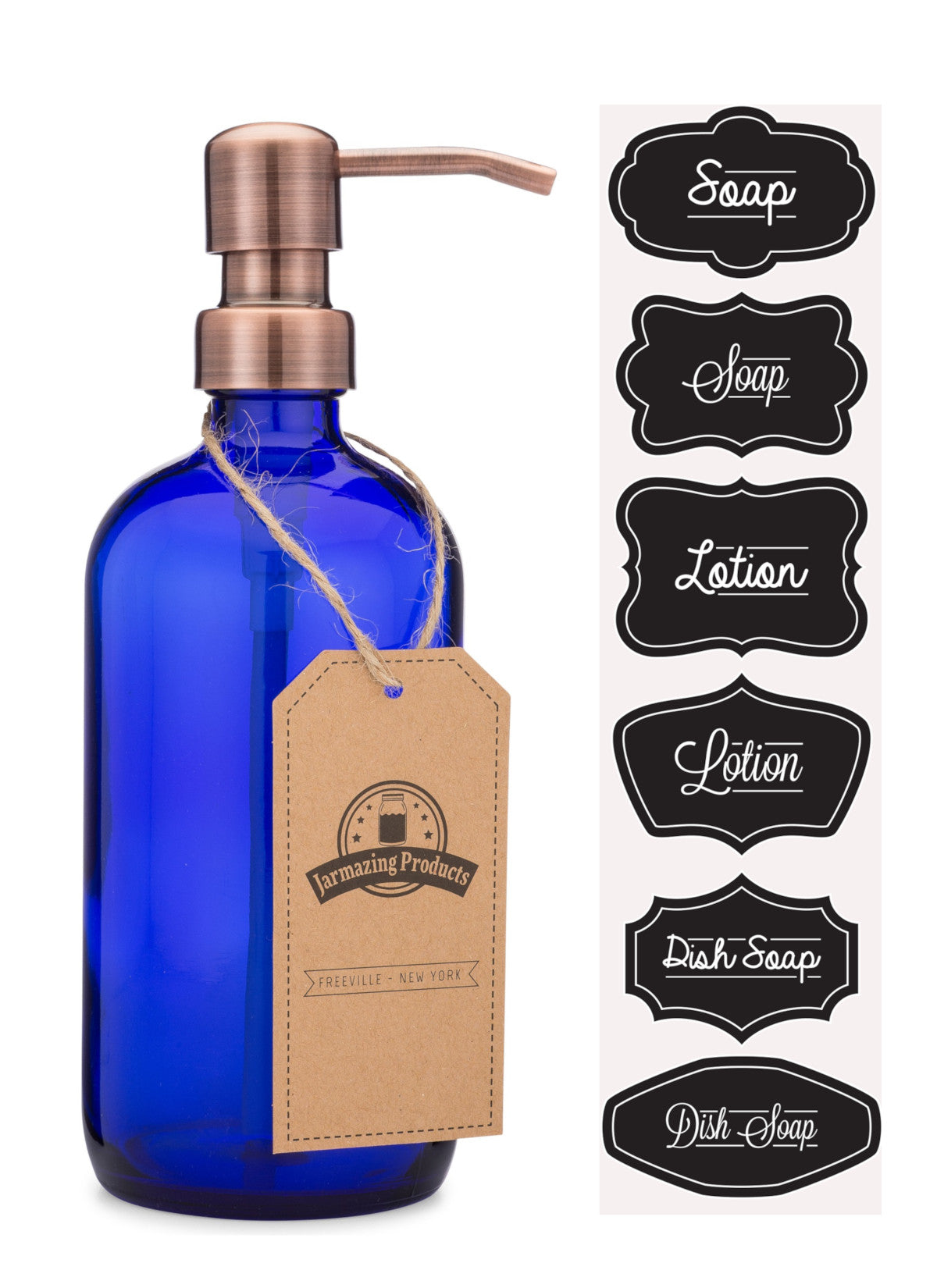 #Color_Copper #Size_One Pack Cobalt blue boston round bottle with copper color dispenser pump and sticker sheet with stickers labeled Soap, lotion and dish soap