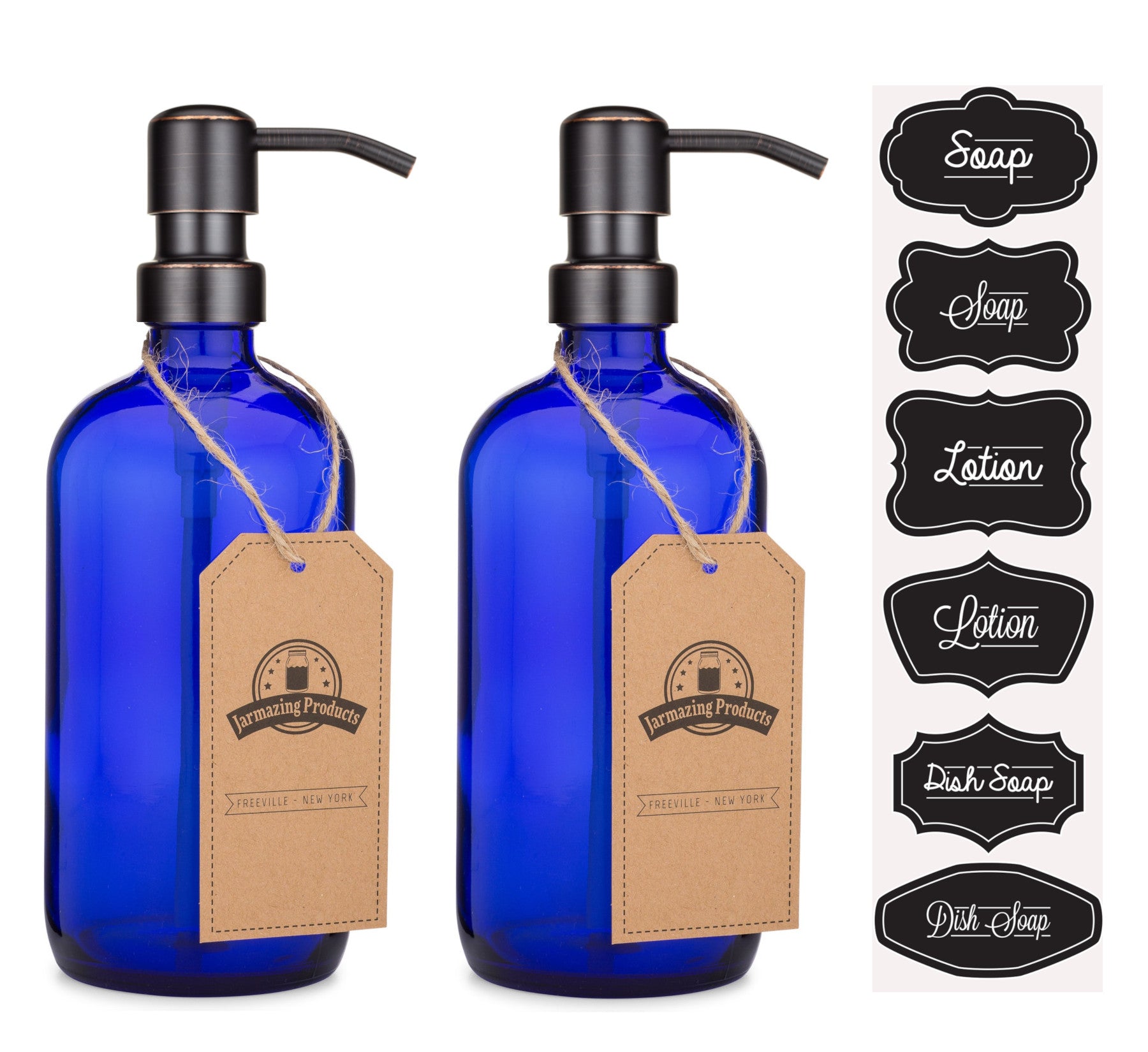 #Color_Oil-rubbed Bronze #Size_Two Pack Two Cobalt blue boston round bottles with oil rubbed bronze dispenser pumps and sticker sheet with stickers labeled Soap, lotion and dish soap