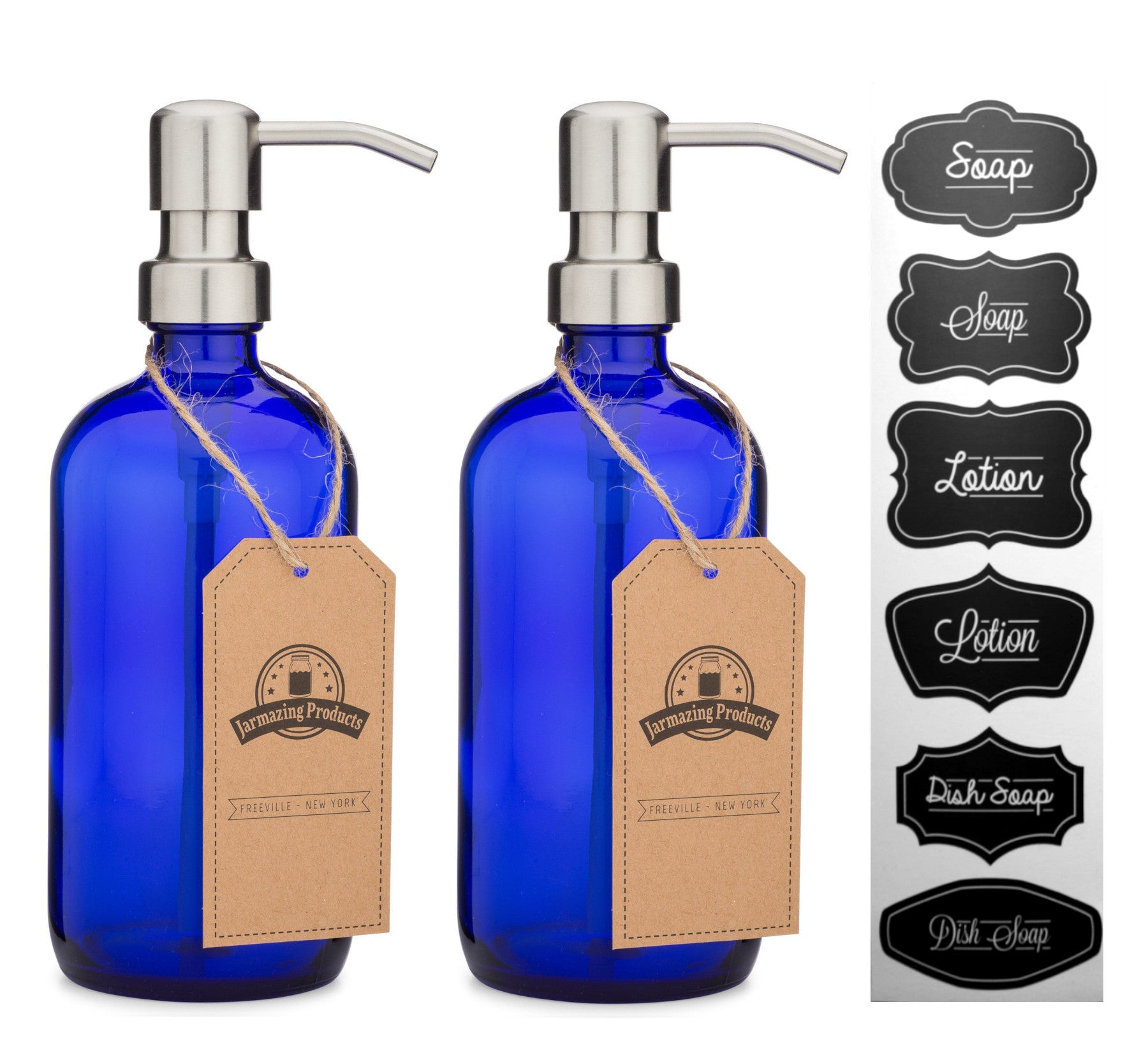 #Color_Stainless Steel #Size_Two Pack Two Cobalt blue boston round bottles with stainless steel dispenser pumps and sticker sheet with stickers labeled Soap, lotion and dish soap