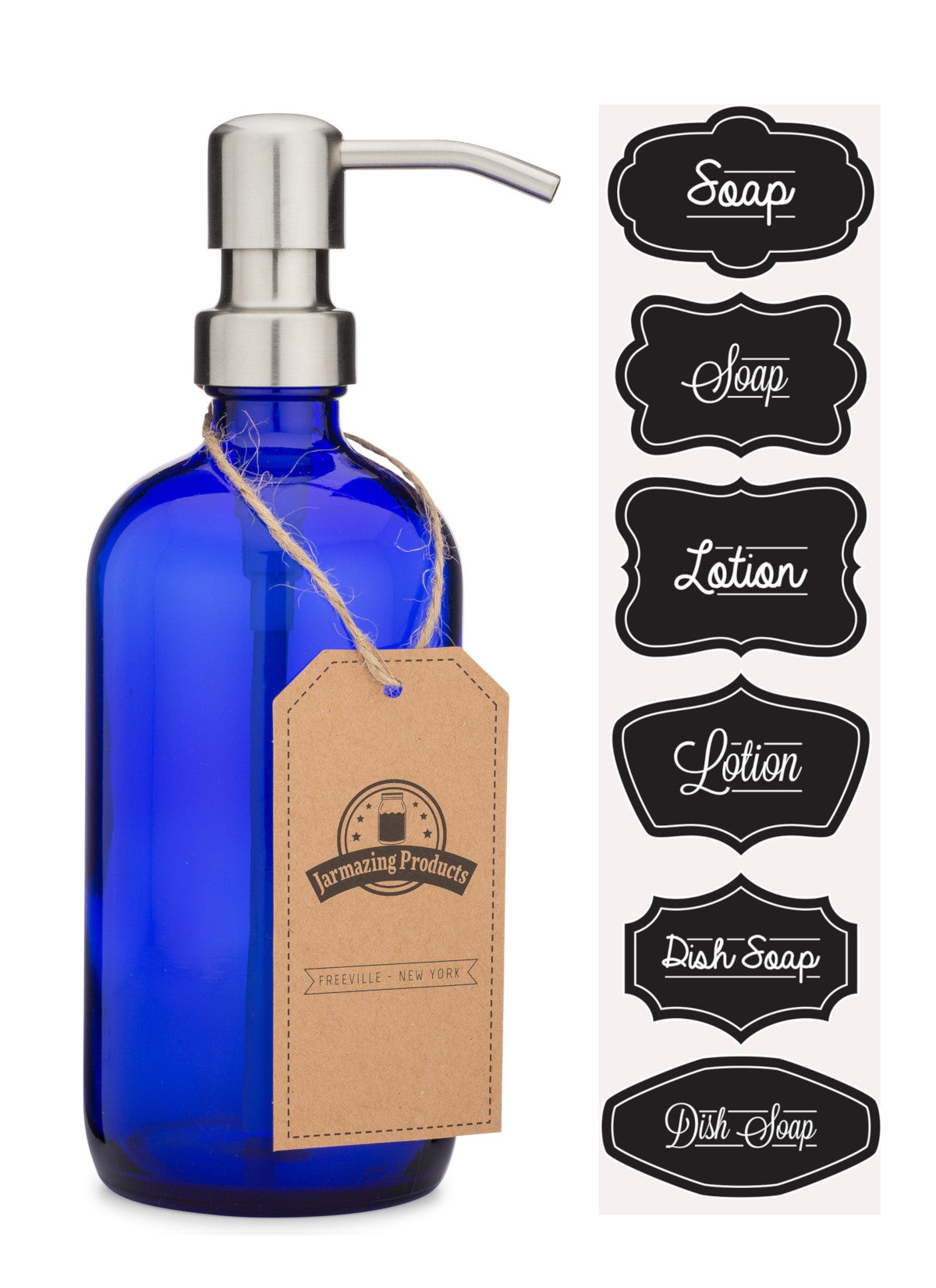 #Color_Stainless Steel #Size_One Pack Cobalt blue boston round bottle with stainless steel dispenser pump and sticker sheet with stickers labeled Soap, lotion and dish soap