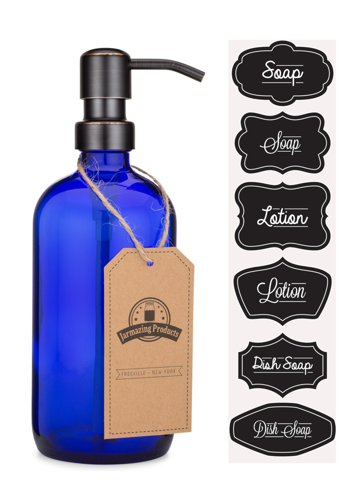 #Color_Oil-rubbed Bronze #Size_One Pack Cobalt blue boston round bottle with oil rubbed bronze dispenser pump and sticker sheet with stickers labeled Soap, lotion and dish soap