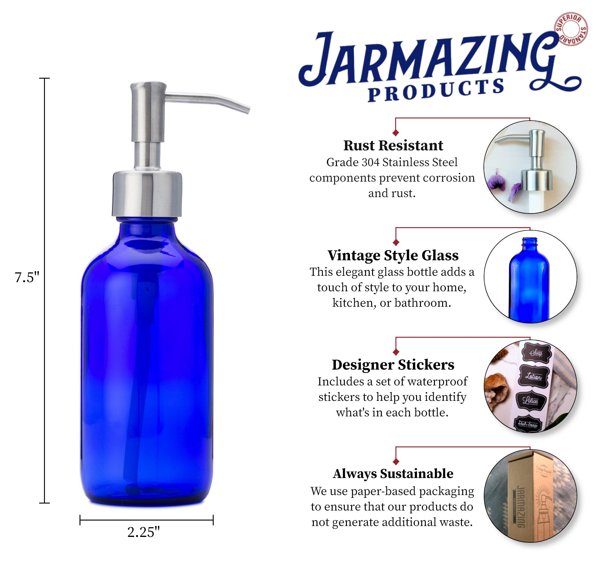 Blue Glass Jar Soap and Lotion Dispenser - 8 oz