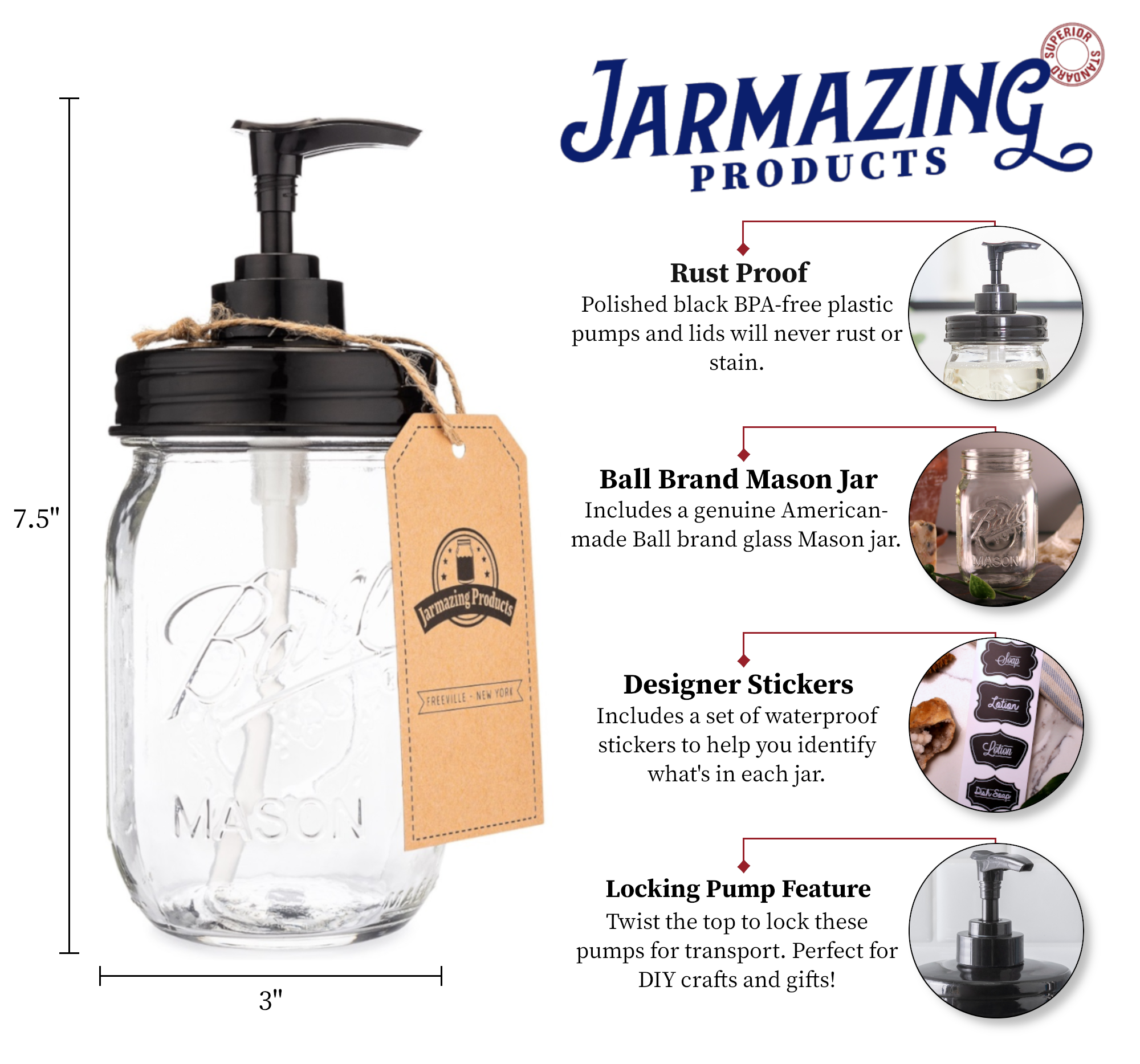 Mason Jar Soap Dispenser Pints - Plastic - Black - 16 oz - 2 Pack