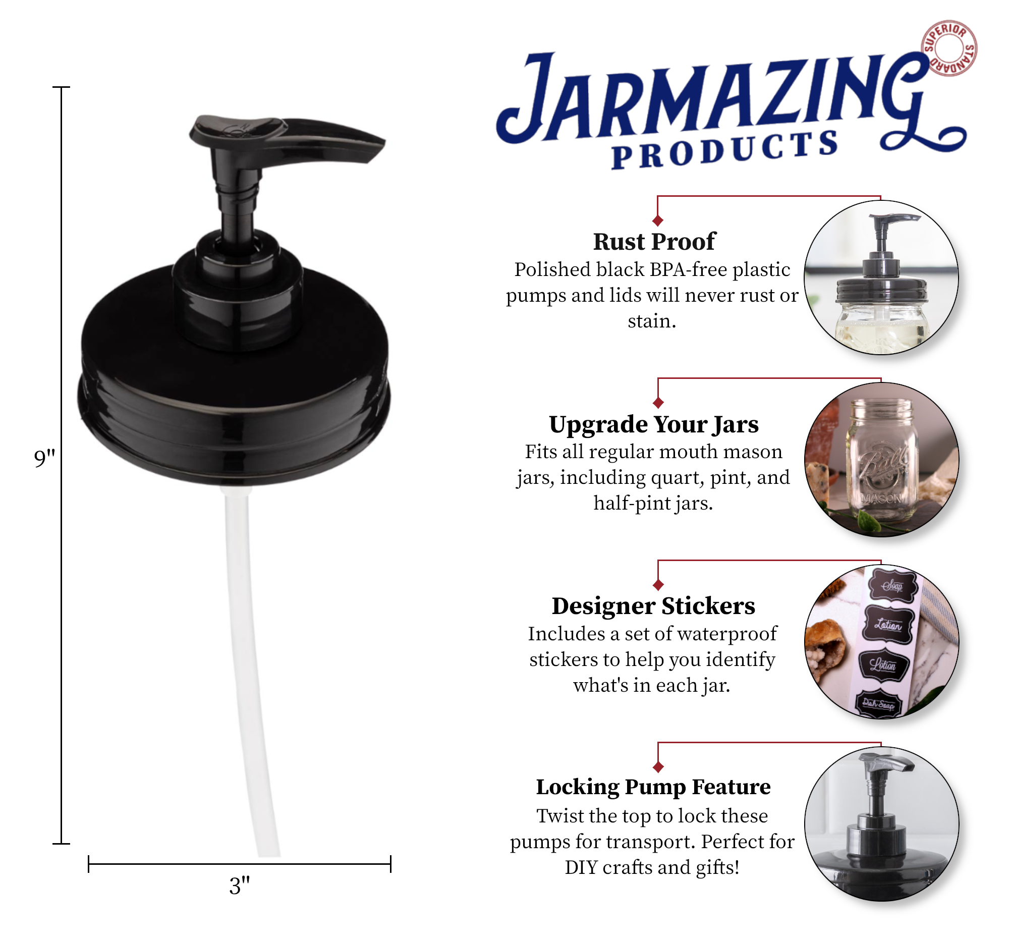 Mason Jar Soap Dispenser Lids - Plastic - Black - For all Regular Mouth Jars