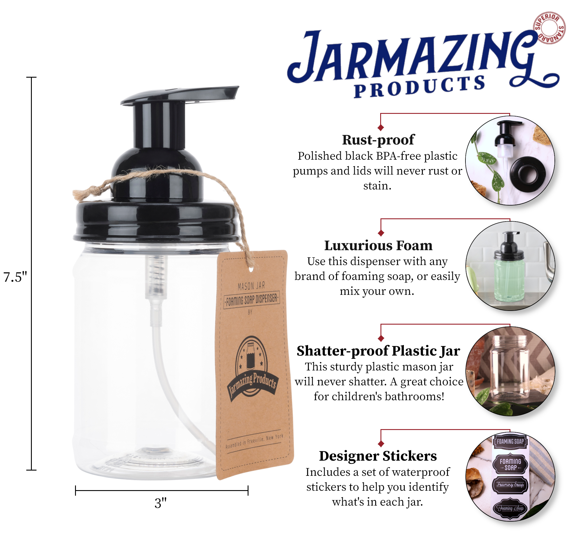 Plastic Mason Jar Foaming Soap Dispenser – Black - 16 oz