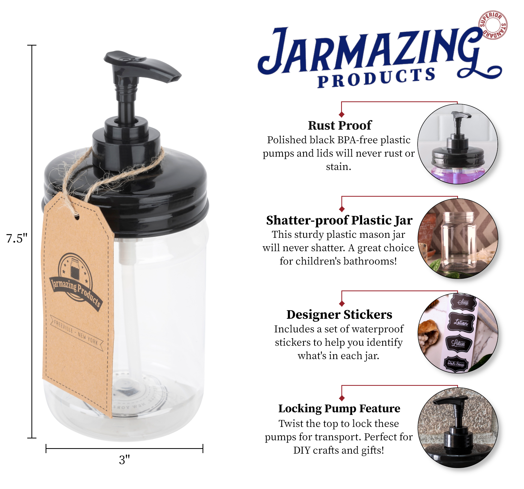 Plastic Mason Jar Soap Dispenser Pint - Plastic - Black - 16 oz