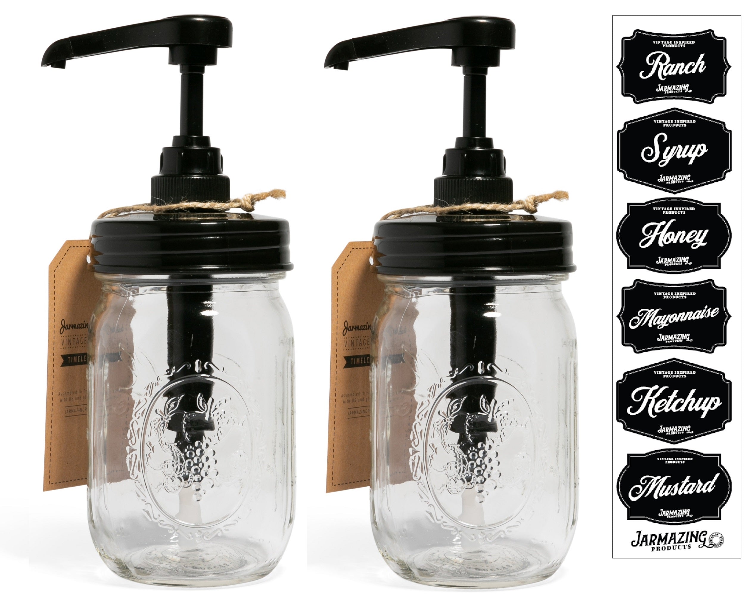 Mason Jar Syrup and Condiment Dispenser - With 16 oz Ball jars - Two-Pack